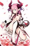  1girl absurdres bangs black_dress blue_eyes boots closed_mouth detached_sleeves dress elizabeth_bathory_(fate) elizabeth_bathory_(fate)_(all) eyebrows_visible_through_hair fate/extra fate/grand_order fate_(series) fingernails highres hiranko horn_ornament horns looking_to_the_side pink_hair pointy_ears sharp_fingernails sitting smile solo spikes tail white_footwear 