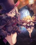  2girls ange_(princess_principal) blonde_hair blue_eyes blush braid breasts cape grey_hair hand_holding hat highres lamp long_hair looking_at_another medium_breasts mephist-pheles multiple_girls open_mouth princess_(princess_principal) princess_principal running short_hair sweatdrop top_hat tunnel 