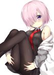  1girl 7_calpis_7 black_dress black_legwear blush breasts closed_mouth dress fate/grand_order fate_(series) feet_out_of_frame grey_jacket hair_over_one_eye jacket knees_to_chest legs_up long_sleeves looking_at_viewer mash_kyrielight medium_breasts necktie open_clothes open_jacket pink_hair red_neckwear shiny shiny_hair short_hair sideboob simple_background sleeveless sleeveless_dress smile solo tareme track_jacket unzipped violet_eyes white_background 