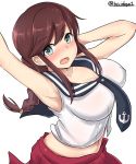  1girl absurdres aqua_eyes arm_behind_head arm_up blush bouncing_breasts braid breasts brown_hair cleavage collarbone eyebrows_visible_through_hair highres kantai_collection kiritto large_breasts long_hair looking_at_viewer midriff navel noshiro_(kantai_collection) open_mouth pleated_skirt red_skirt sailor_collar simple_background skirt solo twin_braids twitter_username upper_body white_background 