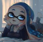  1girl bed blue_eyes blue_hair blush breasts cleavage collared_shirt commentary domino_mask fangs head_on_hand highres inkling kashu_(hizake) long_hair mask pointy_ears shirt smile splatoon tentacle_hair 