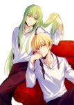  alternate_costume androgynous blonde_hair collarbone couch enkidu_(fate/strange_fake) eyebrows_visible_through_hair fate/grand_order fate/hollow_ataraxia fate/stay_night fate/strange_fake fate/zero fate_(series) gilgamesh green_eyes green_hair long_hair long_sleeves looking_at_viewer multiple_boys on_couch red_eyes simple_background sitting trap xia_(ryugo) 