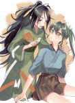  2girls black_hair blue_eyes blush breasts brown_hakama camouflage closed_mouth commentary eye_contact eyebrows_visible_through_hair green_hair green_kimono grey_hair hair_between_eyes hair_ribbon hakama hakama_skirt high_ponytail japanese_clothes kantai_collection katsuragi_(kantai_collection) kimono kneeling long_hair long_sleeves looking_at_another multiple_girls open_mouth pleated_skirt remodel_(kantai_collection) ribbon short_sleeves sitting skirt small_breasts smile sunagimo_(sandliver) twintails white_ribbon wide_sleeves zuikaku_(kantai_collection) 