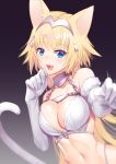  1girl :d animal_ears bare_shoulders bikini blonde_hair blue_eyes blush breasts cat_ears chains cleavage collar collarbone demmy dutch_angle elbow_gloves eyebrows_visible_through_hair fang fate/apocrypha fate_(series) foreshortening glint gloves gradient gradient_background grey_background hand_up headpiece jeanne_d&#039;arc_(fate) jeanne_d&#039;arc_(fate)_(all) kemonomimi_mode long_hair looking_at_viewer motion_blur navel open_mouth paw_pose shiny shiny_hair shiny_skin smile solo stomach swimsuit unaligned_breasts upper_body very_long_hair white_bikini white_gloves 