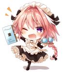  1boy ;d alternate_costume apron astolfo_(fate) black_bow black_legwear blush bow bowtie braid chibi cup enmaided eyebrows_visible_through_hair fang fate/apocrypha fate_(series) frills garter_straps hair_bow long_braid long_hair long_sleeves looking_at_viewer maid maid_apron maid_headdress male_focus menu one_eye_closed open_mouth pink_hair simple_background smile solo teacup teapot thigh-highs trap violet_eyes white_background 