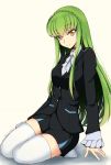  1girl arm_support black_jacket black_skirt c.c. choker code_geass cosplay eyebrows_visible_through_hair green_hair grey_ribbon hair_between_eyes highres jacket long_hair looking_at_viewer lucky_keai miniskirt neck_ribbon pleated_skirt ribbon shirt signature simple_background sitting skirt solo sonozaki_noriko sonozaki_noriko_(cosplay) thigh-highs uniform very_long_hair white_background white_legwear white_shirt yellow_eyes zettai_ryouiki 