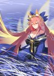  1girl animal_ears bare_shoulders blush breasts cleavage collarbone fate/grand_order fate_(series) fox_ears fox_tail grass highres japanese_clothes large_breasts long_hair multiple_tails nature off_shoulder one_eye_closed pink_hair sitting solo tail tamamo_(fate)_(all) tamamo_no_mae_(fate) tears very_long_hair yellow_eyes 