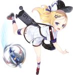  1girl :d aircraft airplane ankle_socks azur_lane bag bare_arms baseball baseball_glove baseball_uniform bike_shorts black_footwear blonde_hair blue_eyes blue_ribbon blush bogue_(azur_lane) buttons clothes_writing dress duffel_bag eyebrows eyelashes facing_away fang flat_chest flight_deck floating_hair forehead full_body hair_ornament hair_ribbon hat kaede_(003591163) long_hair looking_at_viewer motion_blur multicolored multicolored_clothes multicolored_dress multicolored_hat multicolored_legwear number official_art one_side_up open_mouth perspective puffy_short_sleeves puffy_sleeves ribbon shoes short_dress short_sleeves simple_background smile socks solo sportswear standing standing_on_one_leg star star_hair_ornament star_print straight_hair strap striped striped_legwear thigh_strap throwing tongue transparent_background tsurime vertical-striped_legwear vertical_stripes 