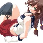  1girl anchor_print bare_shoulders blush braid breasts brown_hair cleavage closed_mouth collarbone dd_(ijigendd) eyebrows_visible_through_hair garter_straps gloves green_eyes kantai_collection large_breasts long_hair midriff necktie noshiro_(kantai_collection) pleated_skirt red_skirt sailor_collar simple_background single_thighhigh sitting skirt solo thigh-highs twin_braids white_background white_gloves 