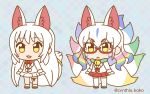  2girls animal_ears bell bell_collar bow chibi collar extra_ears eyebrows_visible_through_hair fox_ears fox_tail full_body fur_collar fur_trim glasses jacket jingle_bell kemono_friends kemono_friends_pavilion_(style) kyuubi kyuubi_(kemono_friends) long_hair miniskirt multicolored_hair multiple_girls multiple_tails official_style oinari-sama_(kemono_friends) rainbow_hair red_skirt sakuragi_rian skirt standing tabi tail thigh-highs thigh_strap twitter_username very_long_hair white_hair white_jacket white_legwear white_skirt yellow_eyes zettai_ryouiki zouri 