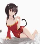  animal_ears arm_up bare_shoulders bed black_gloves breasts brown_hair cat_ears collarbone commentary dress eyepatch eyepatch_removed gloves headgear_removed highres kono_subarashii_sekai_ni_shukufuku_wo! megumin mengo panties paw_pose red_dress red_eyes short_hair short_hair_with_long_locks sidelocks sitting small_breasts strapless strapless_dress tail underwear underwear_only white_background 