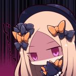  1girl abigail_williams_(fate/grand_order) bangs beni_shake black_bow black_dress black_hat bow commentary_request covering_mouth dress eyebrows_visible_through_hair fate/grand_order fate_(series) hand_to_own_mouth hands_in_sleeves hat long_sleeves looking_at_viewer lowres orange_bow parted_bangs polka_dot polka_dot_bow shaded_face solo violet_eyes 