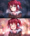  1girl :d :o backlighting bangs blurry blush bokeh breath coat comic depth_of_field earmuffs eyebrows_visible_through_hair facing_viewer fur_collar fur_trim green_eyes highres hyugo looking_at_viewer love_live! love_live!_sunshine!! motion_blur open_mouth parted_lips redhead round_teeth silent_comic smile snowing tareme teeth two_side_up upper_body watanabe_you winter 