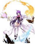  1girl aether_sage_(elsword) ahoge aisha_(elsword) artist_request book boots dress elsword fire floating full_body gloves highres holding holding_staff layered_dress long_hair looking_at_viewer magic official_art pink_neckwear purple_hair serious solo staff thigh-highs thigh_boots transparent_background violet_eyes white_coat white_dress white_footwear white_gloves 
