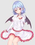  1girl bat_wings black_wings blue_hair closed_mouth collar grey_background highres index_finger_raised juliet_sleeves junior27016 long_sleeves looking_at_viewer miniskirt neck_ribbon pointy_ears puffy_sleeves red_eyes remilia_scarlet ribbon simple_background sitting skirt skirt_set smile solo touhou white_skirt wings 