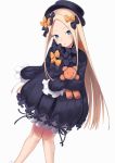  1girl abigail_williams_(fate/grand_order) absurdres bangs black_bow black_dress black_hat blonde_hair bloomers blue_eyes bow butterfly commentary_request dress dutch_angle fate/grand_order fate_(series) hair_bow hands_in_sleeves hat head_tilt highres long_sleeves looking_at_viewer object_hug orange_bow parted_bangs parted_lips polka_dot polka_dot_bow ruga_(orage38) simple_background solo stuffed_animal stuffed_toy teddy_bear underwear white_background white_bloomers 
