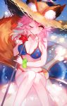  1girl animal_ears bangs beach_umbrella bikini blue_bikini blush breasts closed_mouth collarbone commentary_request fate/grand_order fate_(series) fox_ears fox_print fox_tail hair_between_eyes hat highres holding holding_umbrella innertube knees_up large_breasts long_hair looking_at_viewer moemoe3345 navel one_eye_closed pink_hair revision sitting solo sun_hat swimsuit tail tamamo_(fate)_(all) tamamo_no_mae_(fate) tamamo_no_mae_(swimsuit_lancer)_(fate) umbrella yellow_eyes 