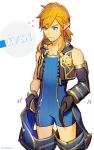  1boy blonde_hair blue_eyes bodysuit cosplay crossover crotchless_pants fingerless_gloves gloves hair_ornament link male_focus rex_(xenoblade_2) simple_background solo the_legend_of_zelda the_legend_of_zelda:_breath_of_the_wild xenoblade xenoblade_2 