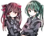  2girls alternate_hairstyle blush bowtie brown_hair collar green_eyes green_hair hair_accessories hair_tubes hakurei_reimu kochiya_sanae otome_kaname pout red_eyes school_uniform seifuku smile sweat touhou 