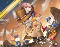  4boys aibo_churis animal_ear_fluff brown_coat brown_hat caution_tape chalk_outline clipboard coat copyright_notice crime_scene detective duel_masters fire furry furry_male hat holding holding_clipboard hot_dog kemonomichi_(blue_black) mouse_boy multiple_boys official_art outdoors police police_uniform thinking trench_coat 