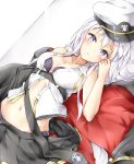  1girl azur_lane bare_arms bare_shoulders belt black_belt black_jacket black_neckwear black_skirt blush bra breasts cleavage closed_mouth clothes_removed collarbone cowboy_shot dutch_angle emblem enterprise_(azur_lane) eyebrows_visible_through_hair from_above glint groin hair_between_eyes hair_tucking hand_up hat ikasoke_(likerm6au) jacket lace lace-trimmed_bra lace-trimmed_panties long_hair looking_at_viewer looking_up lying medium_breasts military military_hat military_uniform navel necktie necktie_removed off_shoulder open_clothes open_shirt open_skirt ornament panties peaked_cap pleated_skirt popped_collar purple_bra purple_panties shirt skirt skirt_pull sleeveless sleeveless_shirt solo tsurime underwear uniform violet_eyes white_background white_hair white_hat white_shirt 