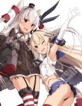  2girls ;d amatsukaze_(kantai_collection) arm_up ass blonde_hair blush breasts brown_eyes crop_top dress elbow_gloves fang garter_straps gloves grey_eyes hairband hat highleg highleg_panties highres kantai_collection long_hair microskirt midriff mini_hat multiple_girls navel one_eye_closed open_mouth panties pleated_skirt rigging shimakaze_(kantai_collection) short_dress side-tie_panties silver_hair simple_background skirt small_breasts smile string_panties takanashi_kei_(hitsujikan) thigh-highs two_side_up underwear white_background white_gloves 