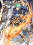  1boy aqua_eyes armor blue_armor blue_cape cape commentary_request company_name copyright_name embers ephraim fire fire_emblem fire_emblem:_seima_no_kouseki fire_emblem_cipher gem gloves greaves green_hair holding holding_spear holding_weapon indoors male_focus official_art pants polearm serious solo spear stained_glass weapon white_gloves white_pants yamada_koutarou 