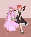  2girls bangs bat_wings black_dress black_footwear blue_bow blunt_bangs book bow capelet crescent crescent_hair_ornament dress full_body hair_bow hair_ornament hat head_wings highres holding koakuma long_sleeves looking_at_viewer mob_cap multiple_girls necktie open_mouth patchouli_knowledge pink_footwear pointy_ears purple_dress purple_hair purple_hat red_bow red_eyes redhead shoe_bow shoes short_sleeves slit_pupils smile socks souta_(karasu_no_ouchi) touhou v_arms violet_eyes white_legwear wing_collar wings wrist_cuffs yellow_neckwear 