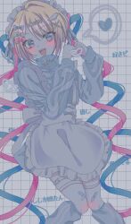  1girl :d alternate_costume apron blonde_hair blue_eyes blue_hair blue_jacket blue_leg_warmers bow checkered_background chouzetsusaikawa_tenshi-chan frilled_apron frills hair_bow hair_ornament heart heart_hands highres jacket jersey_maid leg_warmers looking_at_viewer maid maid_apron maid_headdress multicolored_bow multicolored_hair needy_girl_overdose open_mouth pink_bow pink_hair reno_(re_leno) smile text_hair_ornament thigh_strap track_jacket unconventional_maid waist_apron white_apron white_bow white_headdress wing_hair_ornament x_hair_ornament 