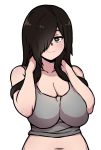  1girl akairiot breast_squeeze breasts brown_eyes brown_hair character_request cleavage commentary_request hair_over_one_eye large_breasts looking_at_viewer midriff navel smile solo tank_top 