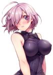  ahoge armor bare_shoulders blush breasts erect_nipples eyes_visible_through_hair fate/grand_order fate_(series) hair_over_one_eye head_tilt lips looking_at_viewer mash_kyrielight medium_breasts parted_lips pink_hair shiny shiny_hair short_hair tareme tobidayooon underbust upper_body violet_eyes 