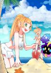  1boy 1girl beach blonde_hair braid brother_and_sister clouds cosmog french_braid gladio_(pokemon) green_eyes hetchhog_tw highres holding lillie_(pokemon) long_hair ocean outstretched_arm palm_tree pokemon pokemon_(game) pokemon_sm sand sand_castle sand_sculpture sarong sea_star shovel siblings smile swimsuit tree water worktool 
