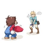  2boys blonde_hair full_body hat holding holding_sword holding_weapon link long_hair male_focus mario super_mario_bros. master_sword multiple_boys no pointy_ears ponytail super_mario_bros. super_mario_odyssey sword the_legend_of_zelda the_legend_of_zelda:_breath_of_the_wild weapon 