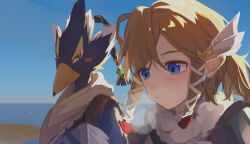  2boys absurdres bird_boy blonde_hair blue_eyes blue_feathers blue_sky breath brown_scarf closed_mouth coat commentary earrings feather_hair_ornament feathers fur-trimmed_coat fur_trim green_eyes hair_ornament highres jewelry link looking_at_another male_focus multiple_boys pointy_ears revali rito scarf short_hair short_ponytail sidelocks sky snowquill_set_(zelda) symbol-only_commentary the_legend_of_zelda the_legend_of_zelda:_breath_of_the_wild upper_body white_feathers yumiyumo3o 