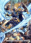  1boy armor armored_boots blue_eyes boots cape clouds cloudy_sky company_name faceless faceless_male fire_emblem fire_emblem_cipher fire_emblem_musou gloves helmet horns izuka_daisuke male_focus official_art open_mouth shield sky solo sword teeth tiara weapon zion_(fire_emblem) 