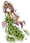  1girl :d ahoge bouquet bride brown_hair camouflage dress ebifly elbow_gloves eyebrows_visible_through_hair flower gloves green_dress green_gloves hairband headgear holding holding_bouquet kantai_collection kongou_(kantai_collection) long_hair looking_at_viewer open_mouth pink_rose rose signature simple_background smile solo standing very_long_hair violet_eyes wedding_dress white_background 