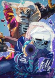 2020 2boys 2d absurdres aiming aiming_at_viewer alternate_costume arm_up artist_name black_gloves blue_background blue_jacket blue_shorts brothers db-bird digital_media dual_wielding duo fingerless_gloves gloves goggles highres hood hood_up hooded_jacket humanoid inset_border jacket looking_at_viewer male male_focus male_only monster monster_boy multiple_boys open_jacket outline paint_gun paint_splatter pants papyrus_(undertale) ribs sans_(undertale) see-through see-through_hood shorts siblings skeleton summer teeth undead undertale utdr_(toby_fox) white_outline