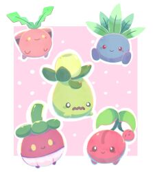  aquabluu blush_stickers border bounsweet cherubi closed_mouth commentary english_commentary highres hoppip leaf looking_at_viewer no_humans o_o oddish open_mouth outline outside_border pink_background pokemon pokemon_(creature) polka_dot polka_dot_background red_eyes simple_background sitting smile smoliv solid_oval_eyes wavy_mouth white_border white_outline yellow_eyes 