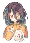  1girl :&lt; bangs blush brown_eyes brown_hair closed_mouth commentary_request copyright_request eyebrows_visible_through_hair hair_between_eyes hair_ornament hood hood_down hooded_coat jewelry long_hair long_sleeves looking_at_viewer midorikawa_you orange_coat outstretched_arm ring simple_background sleeves_past_wrists solo white_background 