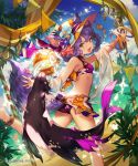  1girl :d animal_ears anklet bikini blue_sky bracelet braid breasts clouds day eyebrows_visible_through_hair fang green_eyes hair_between_eyes highres jewelry lee_hyeseung long_hair looking_at_viewer one_leg_raised open_mouth outdoors outstretched_arms purple_bikini purple_hair see-through shingeki_no_bahamut sky small_breasts smile solo standing standing_on_one_leg swimsuit tail twin_braids wolf_ears wolf_tail 