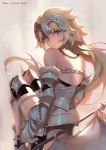  1girl arm_behind_back armor back banner bare_shoulders blonde_hair blue_eyes braid chains character_name copyright_name elbow_pads fate/apocrypha fate_(series) faulds felix_(felix901123) from_behind fur-trimmed_gloves fur-trimmed_legwear fur_trim gauntlets gloves gorget greaves grey_background headpiece highres jeanne_d&#039;arc_(fate) jeanne_d&#039;arc_(fate)_(all) knee_pads leg_armor long_hair looking_at_viewer looking_back parted_lips solo standard_bearer thigh-highs very_long_hair zettai_ryouiki 