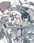  3girls air_defense_hime aircraft_carrier_hime ancient_destroyer_hime bangs black_footwear black_hair boots cannon drill_hair energy gloves hair_over_one_eye hakama hand_to_own_mouth headband hose japanese_clothes kantai_collection knee_up long_hair looking_at_viewer machinery mechanical_parts meiji_schoolgirl_uniform mole mole_under_eye multicolored_hair multiple_girls ninimo_nimo parted_bangs red_eyes shinkaisei-kan side_drill side_ponytail sidelocks sitting standing streaked_hair teeth turret violet_eyes white_hair 