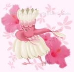  beak bird dancer dancing feathers floral_background flower grass_skirt headdress hibiscus hula mercuryjin no_humans oricorio pink_background pokemon pokemon_(creature) pokemon_(game) pokemon_sm 