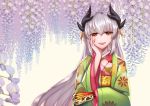  1girl :d chin_rest eyebrows_visible_through_hair fan fate/grand_order fate_(series) flower hair_between_eyes highres holding holding_fan horns japanese_clothes kimono kiyohime_(fate/grand_order) lavender_(flower) long_hair looking_at_viewer obi open_mouth pink_kimono purple_flower sash shirotsuki_(pixiv22818137) silver_hair smile solo upper_body very_long_hair yellow_eyes yukata 