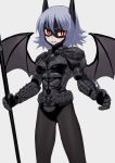  1girl armor bat_wings batman batman_(cosplay) black_legwear blue_hair cosplay face_mask fangs fkey grey_background highres holding holding_weapon looking_at_viewer mask parted_lips polearm red_eyes remilia_scarlet simple_background smile solo spear standing touhou weapon wings 