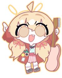  1girl :3 absurdres ahoge amedrama blonde_hair blue_archive chibi chibi_only commentary_request commission fang full_body guitar highres holding holding_guitar holding_instrument instrument jacket korean_commentary long_hair open_mouth pink_skirt red_jacket skirt solo twintails yellow_eyes yoshimi_(band)_(blue_archive) yoshimi_(blue_archive) 