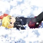  1girl black_legwear blonde_hair cato_(monocatienus) commentary_request eyebrows_visible_through_hair hair_ribbon looking_at_viewer looking_to_the_side lying on_back pantyhose plaid plaid_skirt red_eyes ribbon rumia scarf short_hair skirt smile snow solo touhou unmoving_pattern 