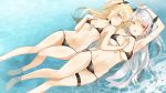  2girls admiral_hipper_(azur_lane) arm_up armpits azur_lane barefoot bikini black_bikini blonde_hair breasts brown_eyes choker cleavage closed_mouth green_eyes highres large_breasts long_hair looking_at_viewer lying multicolored_hair multiple_girls on_back outdoors parted_lips partially_submerged prinz_eugen_(azur_lane) side-tie_bikini silver_hair small_breasts streaked_hair string_bikini swimsuit thigh_strap throtem two_side_up 