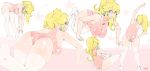  1girl armpits arms_up ass blonde_hair closed_eyes crown exercise highres leotard long_hair super_mario_bros. open_mouth pink_crown pink_leotard ponytail princess_peach shoes sitting stretch super_mario_bros. sweat thigh-highs 