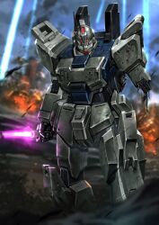  absurdres battle_damage beam_saber blurry blurry_background blurry_foreground bullet_hole commentary debris english_commentary feet_out_of_frame fire glowing glowing_eyes gundam gundam_08th_ms_team gundam_ez8 highres holding holding_sword holding_weapon looking_at_viewer mecha mecha_focus missing_limb mobile_suit no_humans outdoors porukima radio_antenna red_eyes robot science_fiction smoke solo standing sword thrusters weapon 